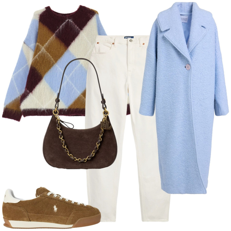 Outfit donna - Fall. Stile Casual chic per Tutti i giorni. Abbinamento con cappotti, maglieria, jeans, borse a spalla, sneakers.