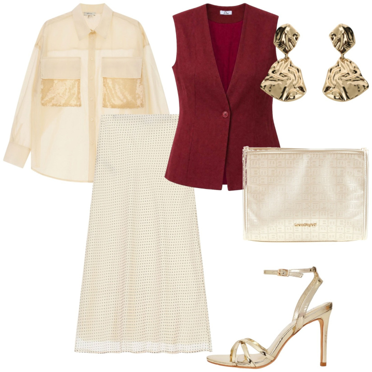 Outfit donna - Festa dorata. per Serata fuori. Abbinamento con sandali col tacco, gilet, gonne lunghe, orecchini, camicie, pochette.