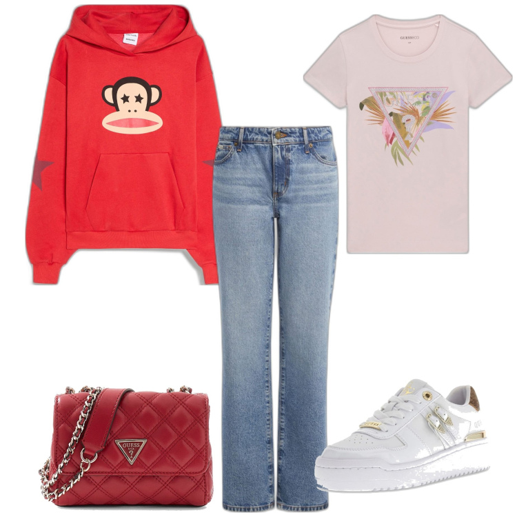 Outfit mujer - Casual chic #12004. Estilo Casual chic para Todos los días. Combinación con camiseta, vaqueros rectos, sudaderas con capucha, sneakers, bandoleras.