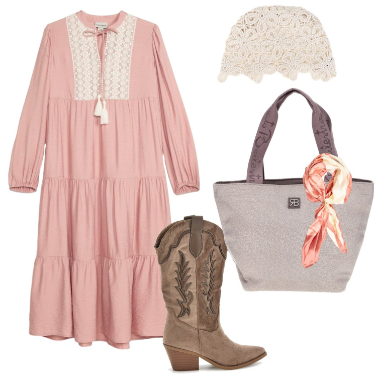 Outfit donna - Uno stile particolare. per Mare. Abbinamento con vestiti midi/longuette, cappotti, foulard, shopping bag, stivaletti texani.