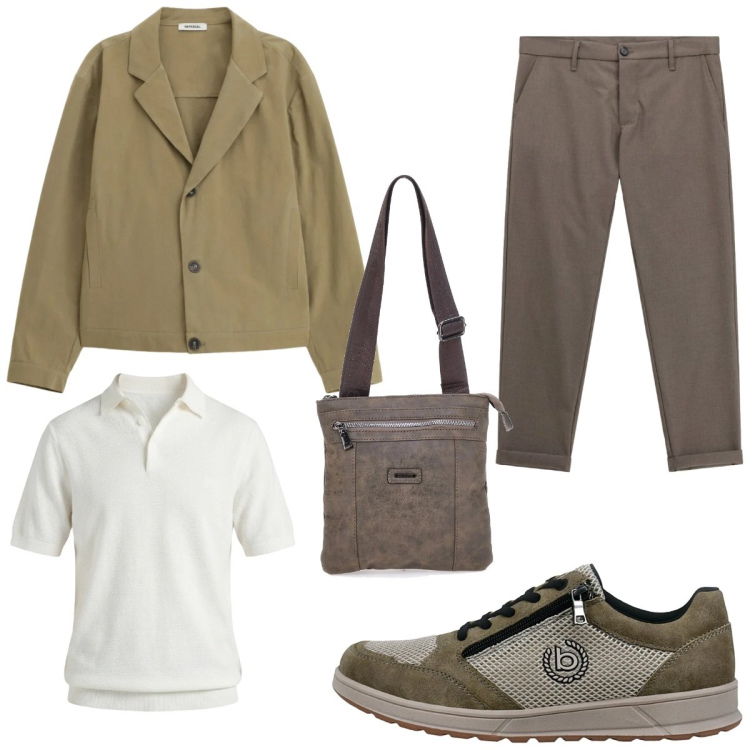 Outfit uomo - Blazer destrutturato e chino. Stile Business/Elegante per Ufficio. Abbinamento con polo, giacche, pantaloni, portafogli, sneakers.
