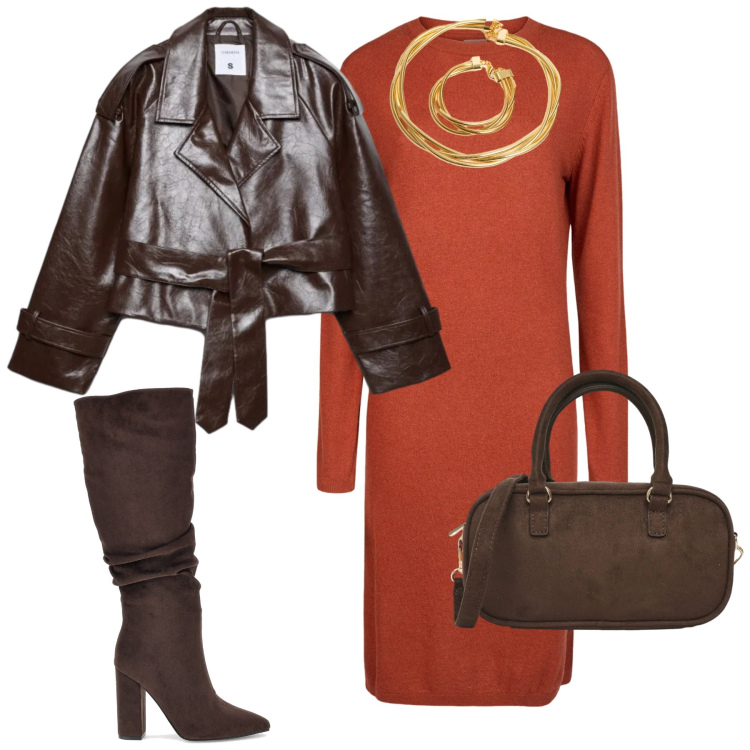 Outfit donna - City. Stile Urban per Tutti i giorni. Abbinamento con borse a tracolla, trench, vestiti midi/longuette, collane, stivali sopra il ginocchio.