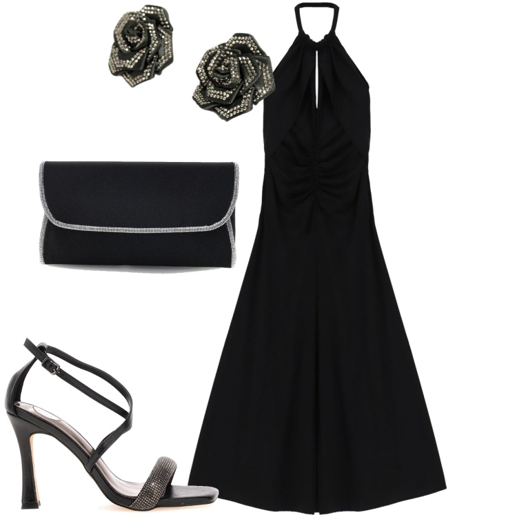 Outfit donna - Serata. Stile Minimal per Serata fuori. Abbinamento con vestiti lunghi, collane, sandali col tacco, pochette.