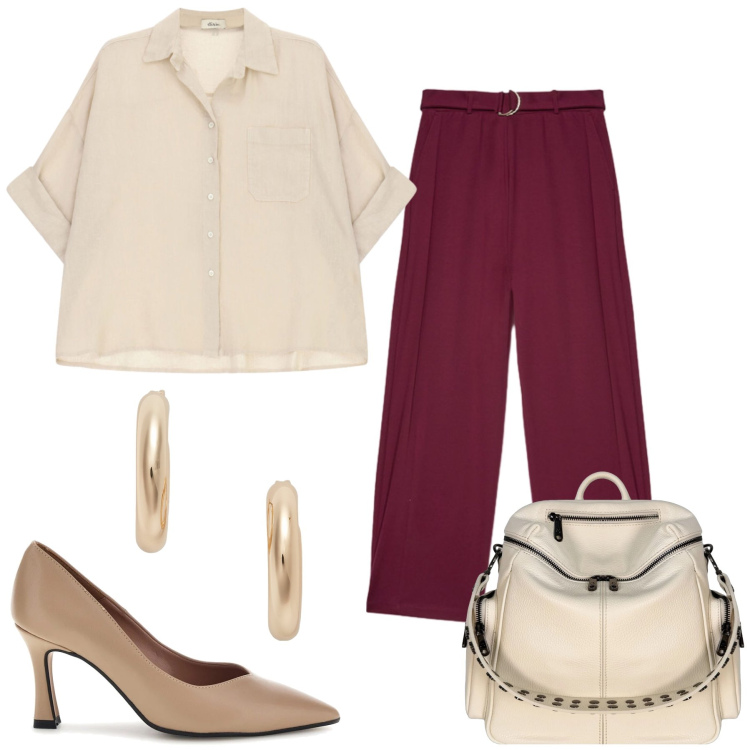 Outfit donna - Total look #2464988. Stile Casual chic per Tutti i giorni. Abbinamento con camicie a manica corta, pantaloni a palazzo, zaini, orecchini, décolleté.