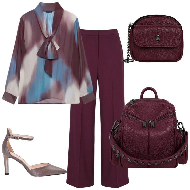 Outfit donna - Back to Office - Brown. Stile Casual chic per Ufficio. Abbinamento con pantaloni a palazzo, décolleté, bluse, zaini, portachiavi.