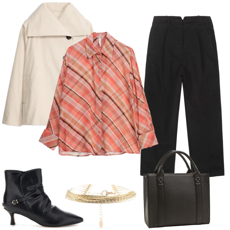 Outfit donna - Total look #2464992. Stile Glamour per Tutti i giorni. Abbinamento con trench, camicie, pantaloni, borse tote, braccialetti, stivaletti.