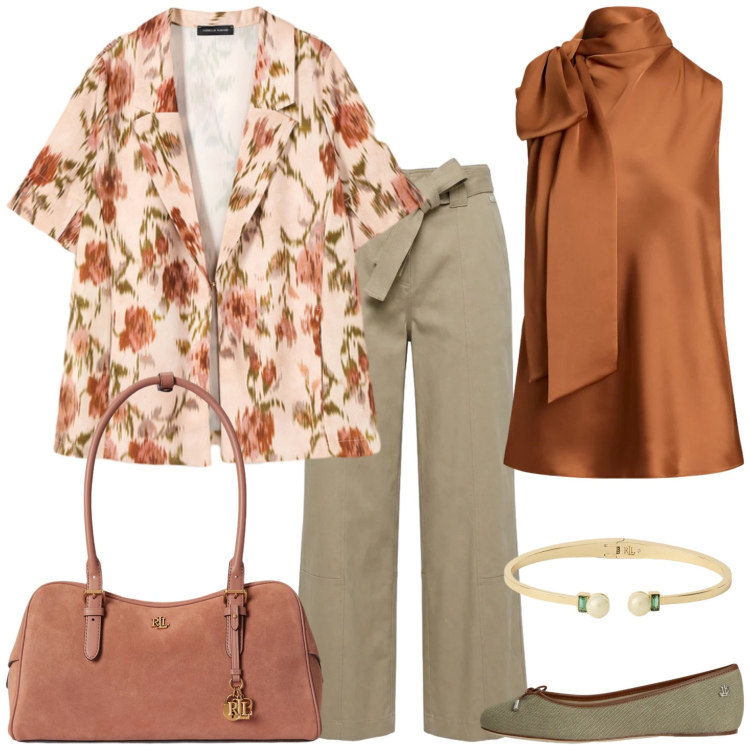 Outfit donna - Back to office - Floreale. Stile Casual chic per Ufficio. Abbinamento con pantaloni, blazer, bluse, ballerine, borse a mano, braccialetti.