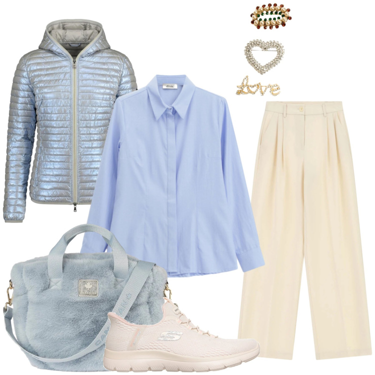 Outfit donna - Total look #2464998. Stile Casual chic per Tutti i giorni. Abbinamento con pantaloni a palazzo, camicie, piumini, borse tote, accessori per capelli, sneakers.