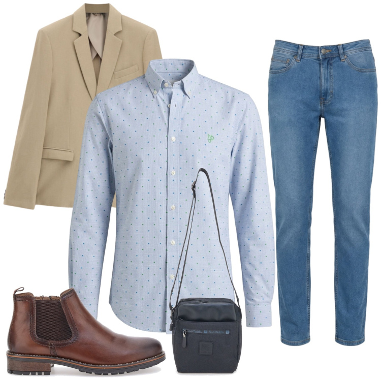 Outfit uomo - Total look #2465001. Stile Casual per Ufficio. Abbinamento con jeans, camicie, giacche, portafogli, scarpe stringate.