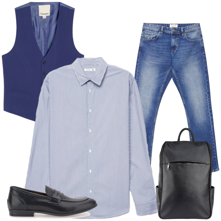 Outfit uomo - Total look #2465002. Stile Urban per Ufficio. Abbinamento con gilet, jeans, camicie, borse sportive, scarpe stringate.