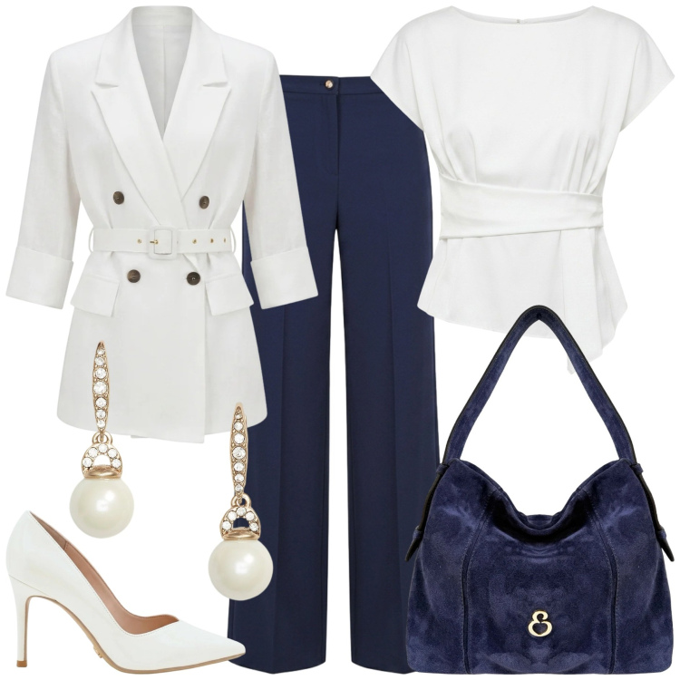 Outfit donna - Back to office chic - bianco e blu. Stile Chic per Tutti i giorni. Abbinamento con pantaloni a palazzo, blazer, bluse, décolleté, borse a spalla, orecchini.