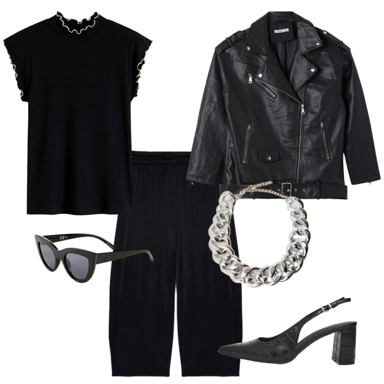 Outfit donna - Black. Stile Glamour per Serata fuori. Abbinamento con occhiali da sole, maglieria, décolleté, giacche, pantaloni, collane.