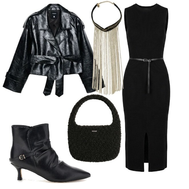 Outfit donna - Animo ribelle. Stile Rock per Serata fuori. Abbinamento con collane, trench, borse a mano, vestiti midi/longuette, stivaletti.