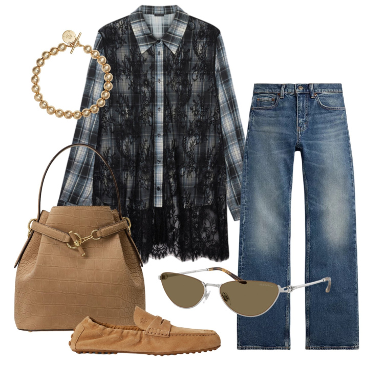 Outfit donna - Settembre. Stile Casual chic per Tutti i giorni. Abbinamento con camicie, braccialetti, jeans bootcut, occhiali da sole, mocassini, borse a secchiello.