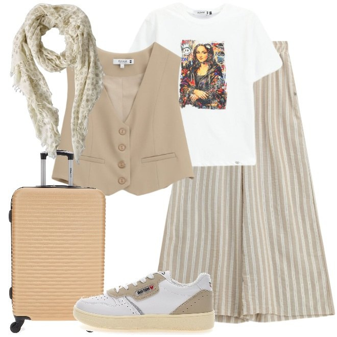 Outfit donna - Abbigliamento da viaggio. Stile Casual chic per Tutti i giorni. Abbinamento con t-shirt, gilet, pantaloni a palazzo, sciarpe, sneakers, valigie.