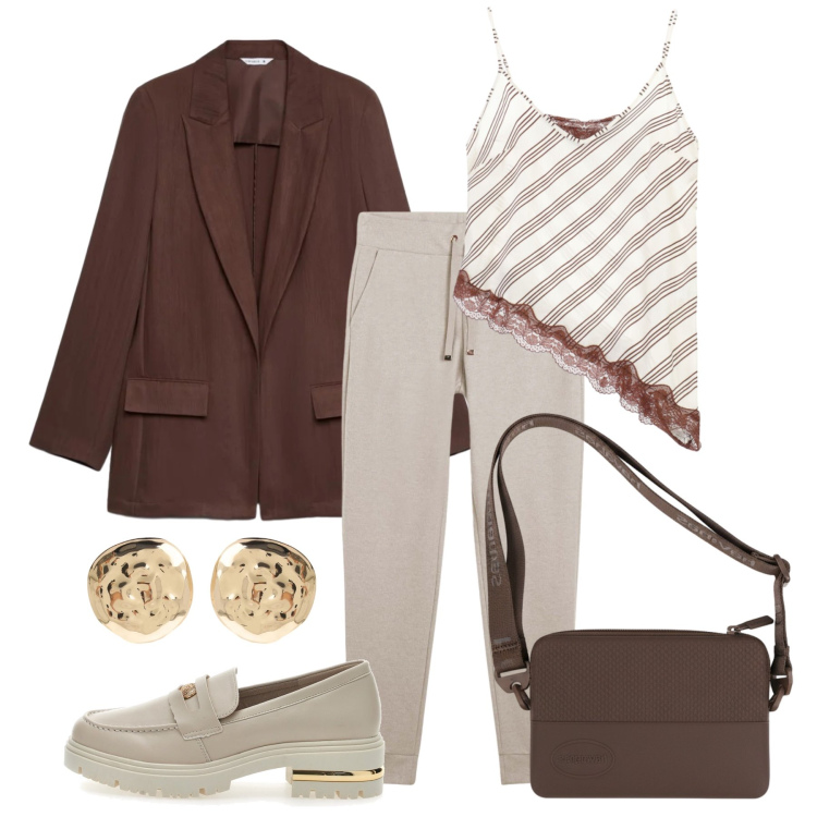 Outfit donna - Settembre. Stile Casual chic per Tutti i giorni. Abbinamento con orecchini, blazer, top, pantaloni, mocassini, clutch.