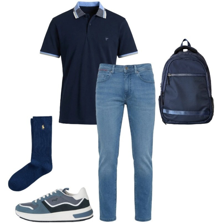 Outfit uomo - Harmont&Blaine. Stile Casual per Ufficio. Abbinamento con jeans slim fit, polo, borse sportive, sneakers, calzini.