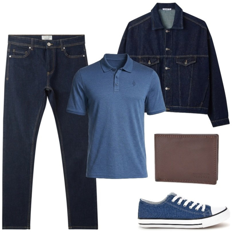 Outfit uomo - Il total denim. Stile Trendy per Tutti i giorni. Abbinamento con jeans skinny, cappotti, portafogli, sneakers, polo.
