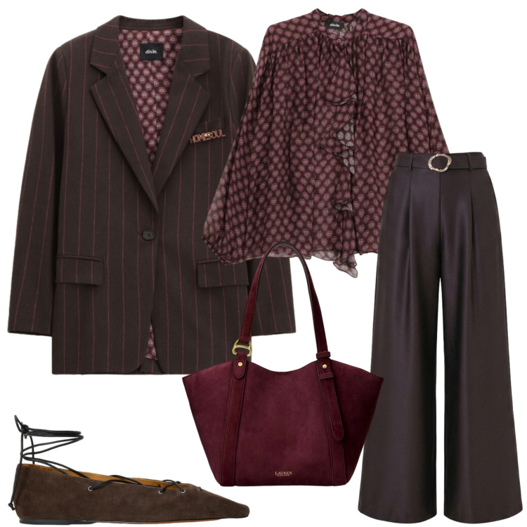 Outfit donna - Fall collection. Stile Casual chic per Tutti i giorni. Abbinamento con bluse, blazer, pantaloni a palazzo, borse tote, ballerine.
