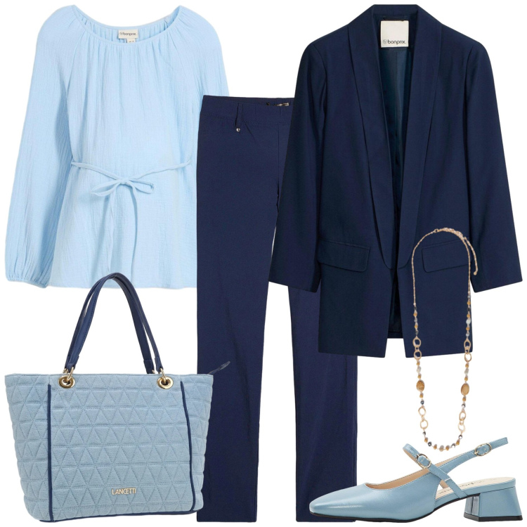 Outfit donna - Back to Office Chic - Forme morbide. Stile Chic per Tutti i giorni. Abbinamento con blazer, pantaloni, décolleté, bluse, collane, borse a spalla.
