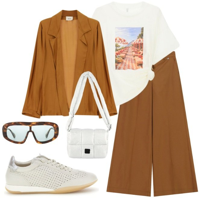 Outfit donna - Color tabacco per il fine settimana. Stile Urban per Tutti i giorni. Abbinamento con t-shirt, occhiali da sole, pantaloni a palazzo, blazer, borse a spalla, sneakers.