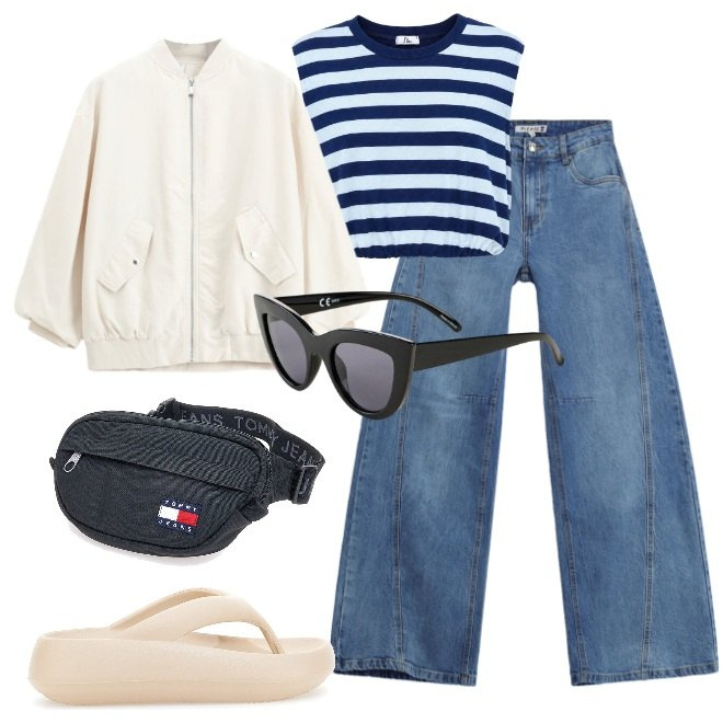 Outfit donna - Stile barca. Stile Sporty chic per Tutti i giorni. Abbinamento con occhiali da sole, bomber, top, jeans, marsupi, infradito.