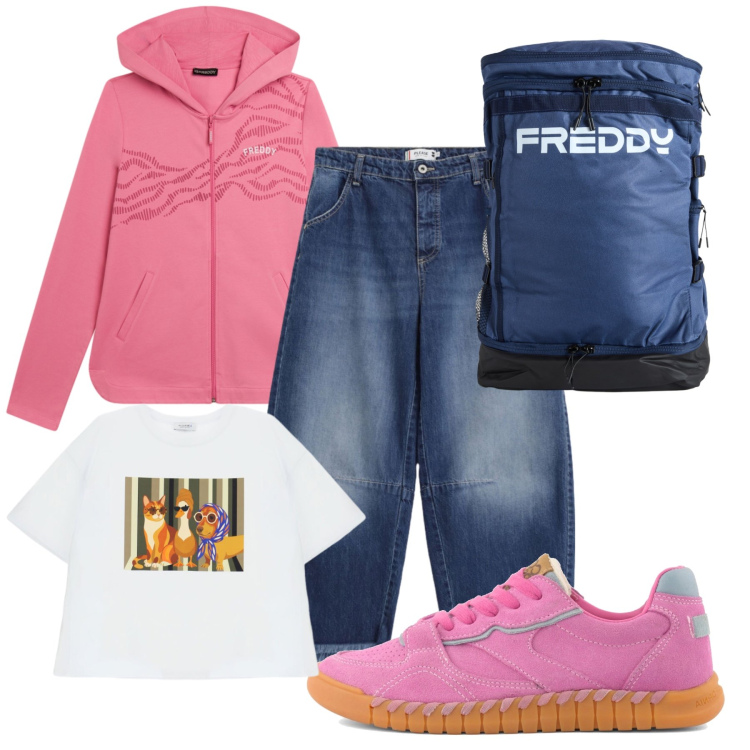 Outfit donna - Total look #2465032. Stile Preppy per Scuola/Università. Abbinamento con t-shirt, jeans, felpe con cappuccio, zaini, sneakers.