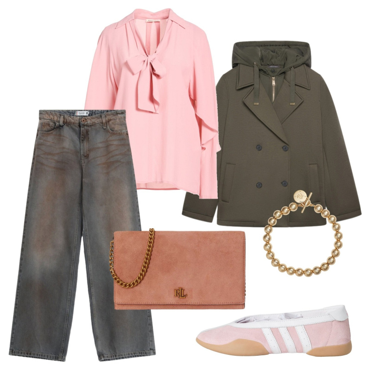 Outfit donna - Ballerine sporty per l\'ufficio. Stile Casual per Ufficio. Abbinamento con top, ballerine, jeans dritti, blazer, braccialetti, borse a tracolla.