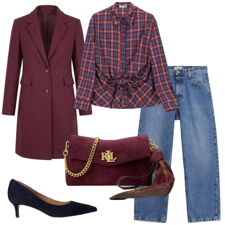 Outfit donna - A pranzo con i colleghi. Stile Basic per Ufficio. Abbinamento con camicie, jeans dritti, cappotti, décolleté, borse a tracolla.