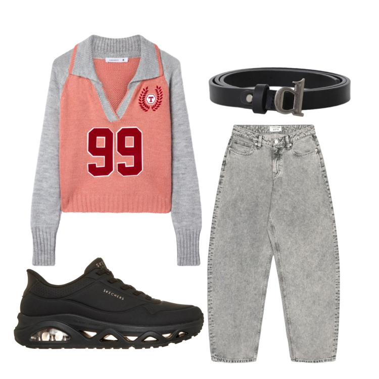 Outfit donna - Total look #2465051. Stile Basic per Scuola/Università. Abbinamento con maglieria, jeans, cinture, sneakers.