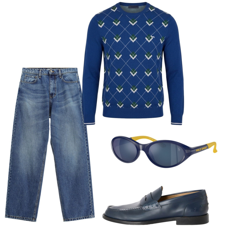 Outfit uomo - Al lavoro in blu. Stile Urban per Ufficio. Abbinamento con scarpe stringate, maglieria, jeans, occhiali da sole.