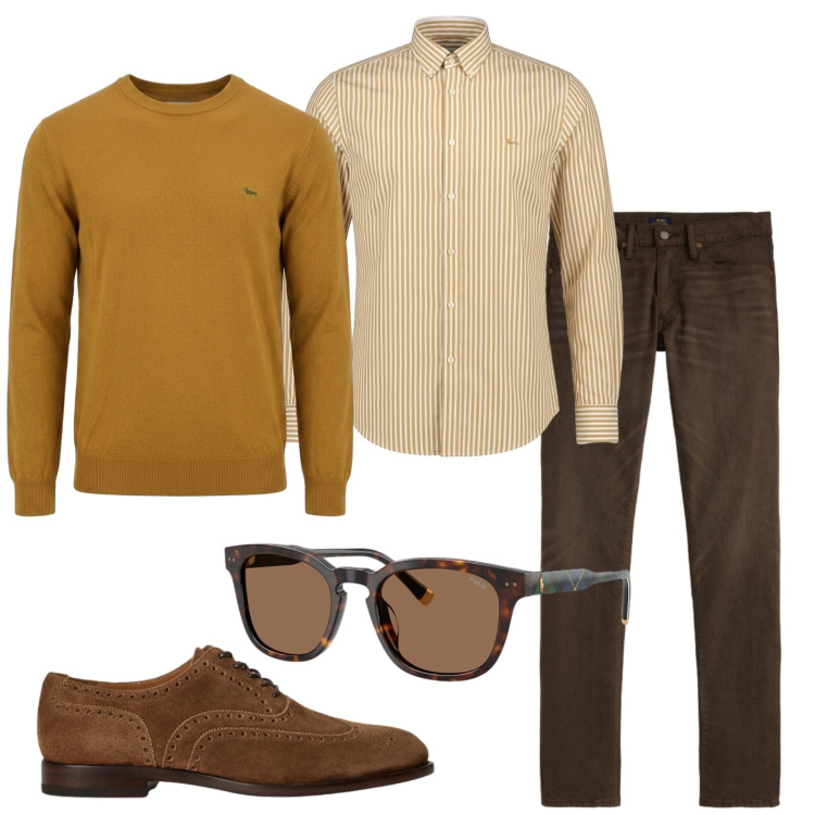 Outfit uomo - Giornata lavorativa piena di impegni. Stile Urban per Ufficio. Abbinamento con camicie, maglieria, occhiali da sole, jeans, scarpe stringate.