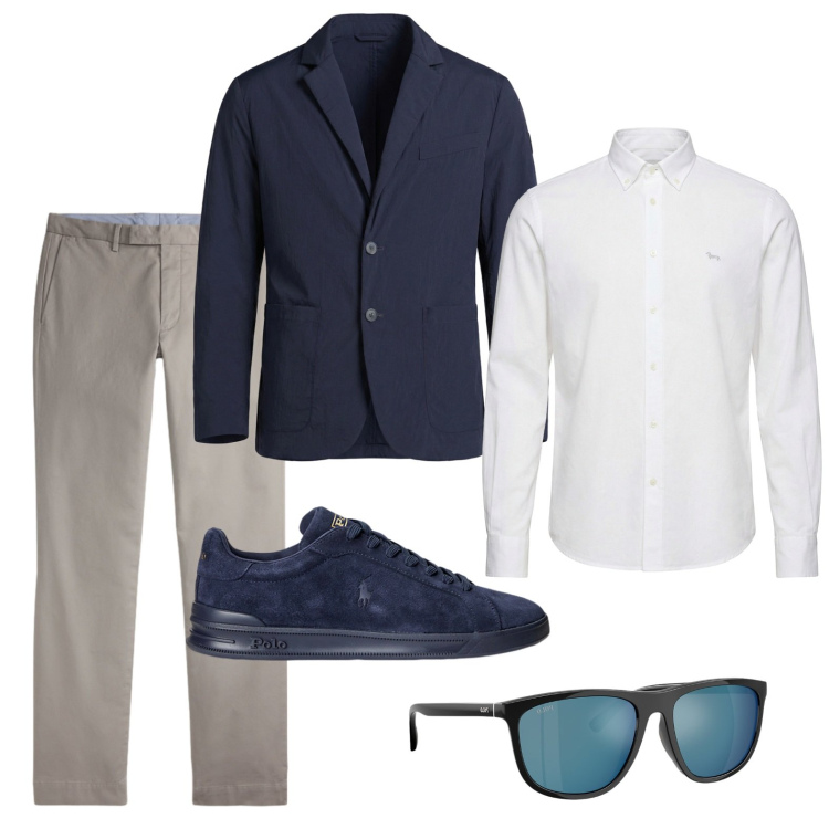 Outfit uomo - Sneakers anche con la giacca. Stile Business/Elegante per Ufficio. Abbinamento con giacche, camicie, sneakers, occhiali da sole, pantaloni.