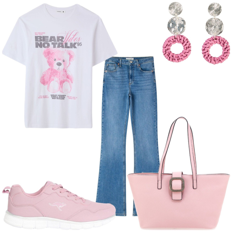 Outfit donna - Caldo in città. Stile Casual per Tutti i giorni. Abbinamento con orecchini, sneakers, t-shirt, jeans a zampa, borse a spalla.