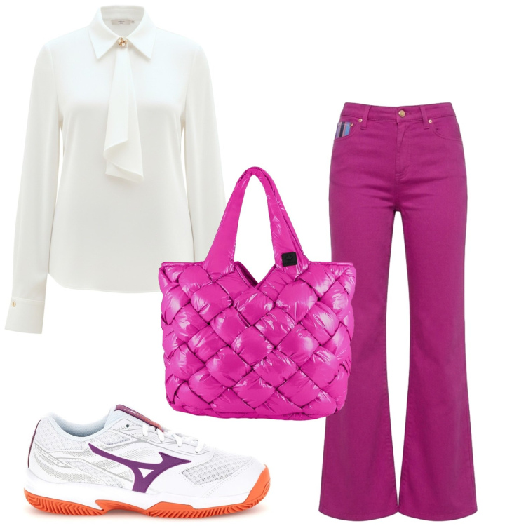 Outfit donna - Fuxia. Stile Casual per Ufficio. Abbinamento con pantaloni, camicie, borse tote, sneakers.