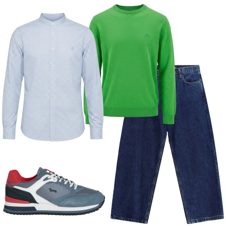 Outfit uomo - La camicia con le microrighe. Stile Urban per Ufficio. Abbinamento con pullovers, sneakers, camicie, jeans.