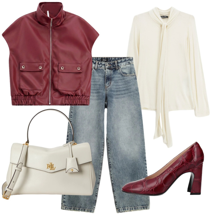 Outfit donna - Gilet in ecopelle. Stile Glamour per Tutti i giorni. Abbinamento con décolleté, blazer, jeans dritti, t-shirt, borse a mano.