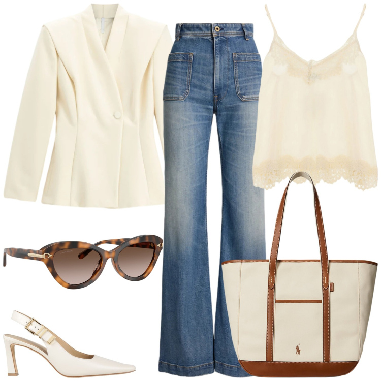 Outfit donna - Denim e colori neutri - @laurafo. Stile Casual chic per Tutti i giorni. Abbinamento con décolleté, blazer, top, jeans bootcut, borse tote, occhiali da sole.