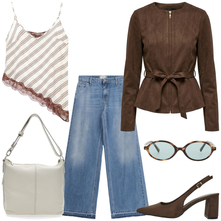 Outfit donna - Denim e colori neutri - @ laurafo. Stile Casual chic per Tutti i giorni. Abbinamento con occhiali da sole, décolleté, top, jeans, blazer, borse a spalla.