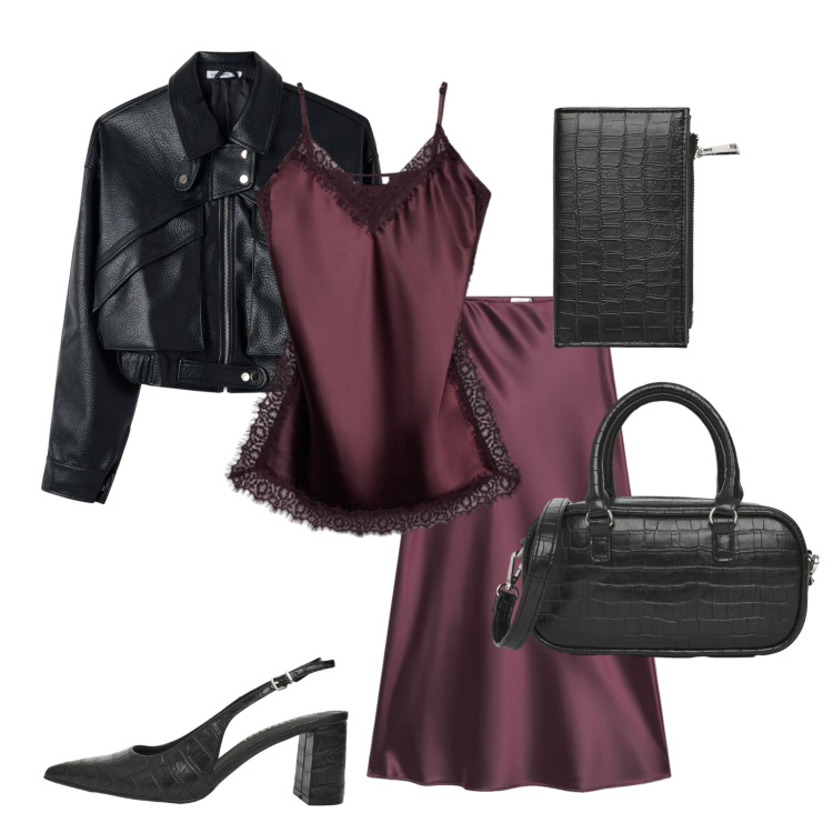 Outfit donna - Satin e pelle. Stile Chic per Serata fuori. Abbinamento con gonne lunghe, bomber, top, borse a tracolla, décolleté, portafogli.