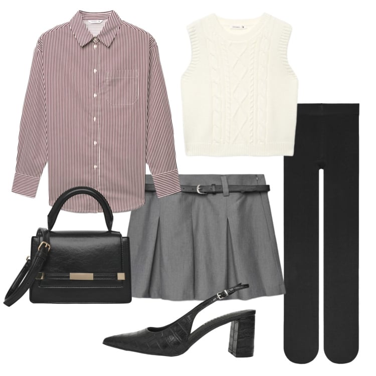 Outfit donna - Ufficio con dettagli bordeaux. Stile Casual chic per Ufficio. Abbinamento con maglieria, minigonne, camicie, décolleté, borse a spalla, collant.