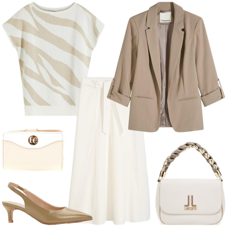 Outfit donna - Avorio a settembre - @laloba. Stile Minimal per Tutti i giorni. Abbinamento con blazer, t-shirt, gonne longuette, décolleté, portafogli, borse a tracolla.
