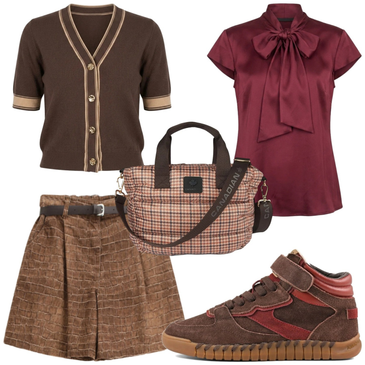 Outfit donna - Total look #2465083. Stile Preppy per Scuola/Università. look ideale per Petite. Abbinamento con bermuda, borse tote, camicie, cardigans, sneakers.