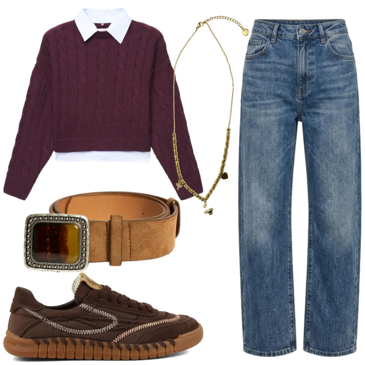 Outfit donna - Total look #2465084. Stile Basic per Scuola/Università. Abbinamento con maglieria, ciondoli, jeans, cinture, sneakers.