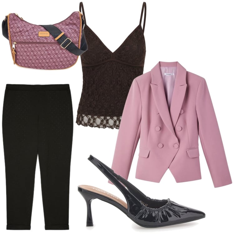 Outfit donna - Capi unici. Stile Casual per Tutti i giorni. Abbinamento con blazer, canottiere, pantaloni, décolleté, borse a tracolla.