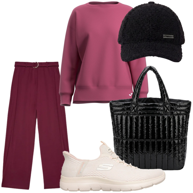 Outfit donna - Capi pratici. Stile Trendy per Tutti i giorni. Abbinamento con cappelli con visiera, pantaloni a palazzo, borse a mano, felpe, sneakers.