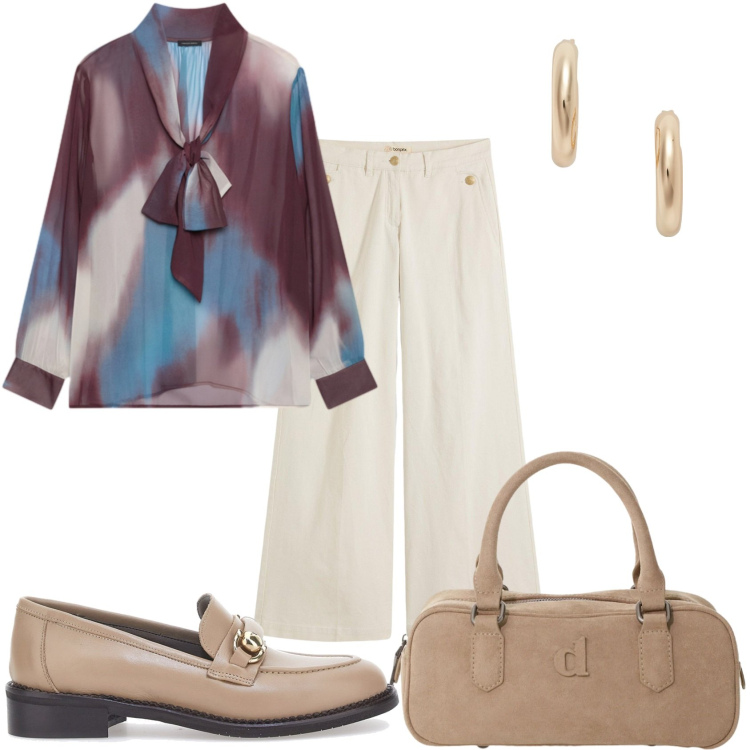 Outfit donna - Ritorno in ufficio. Stile Casual chic per Ufficio. Abbinamento con pantaloni, borse a mano, bluse, orecchini, mocassini.