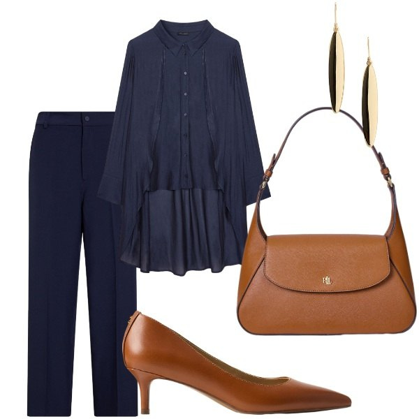 Outfit donna - A cena fuori. Stile Chic per Serata fuori. Abbinamento con camicie, décolleté, borse a spalla, orecchini, pantaloni.
