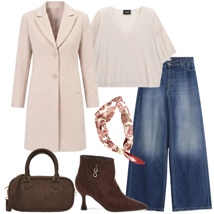 Outfit donna - Total look #2465100. Stile Urban per Tutti i giorni. Abbinamento con maglieria, borse a tracolla, cappotti, jeans, foulard, stivaletti.