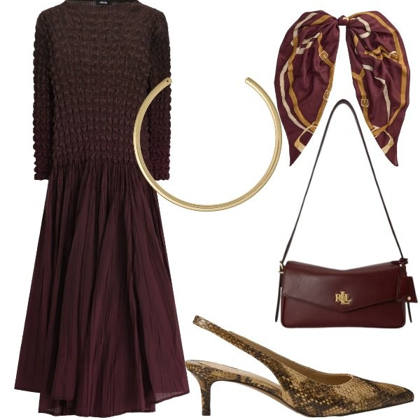Outfit donna - Compleanno in villa. Stile Chic per Serata fuori. Abbinamento con vestiti lunghi, borse a spalla, décolleté, collane, foulard.